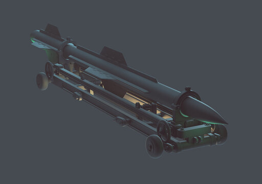 Missile. Cruise missile. Army rocket on gray background. Missile in a dark industrial style. Rocket isolated. Missile in hangar.