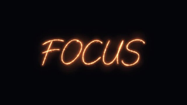 Focus neon sign animation with glowing sparkle effect on dark background