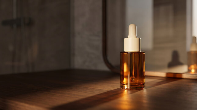 Clean product mockup with a short cylindrical body made from amber-tinted glass and a smooth matte cream dropper capon a wooden vanity, naturally lit, presenting a pure beauty product.