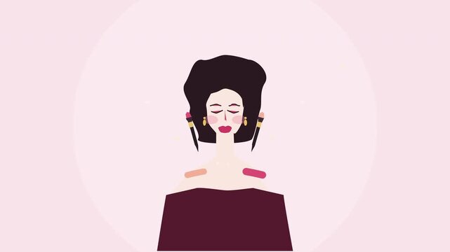 Pixel art animation of woman face makeup brushes style