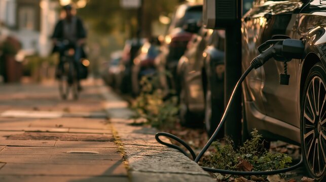 Electric car charging at a kerbside charger on a residential street as a cyclist passes at golden hour, with generous copy space