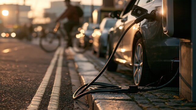 Electric car charging at a kerbside charger on a residential street as a cyclist passes at golden hour, with a shallow depth of field