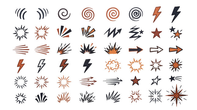 Hand-drawn comic action elements vector graphic set featuring explosions, lightning bolts, and abstract speed lines