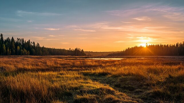 Peaceful sunset landscape with wild grass field and forest background, scenic nature view at golden hour