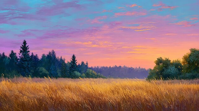 Peaceful sunset landscape with wild grass field and forest background, scenic nature view at golden hour