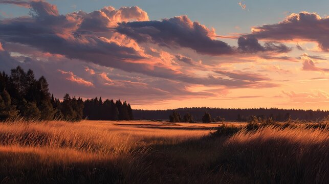 Peaceful sunset landscape with wild grass field and forest background, scenic nature view at golden hour
