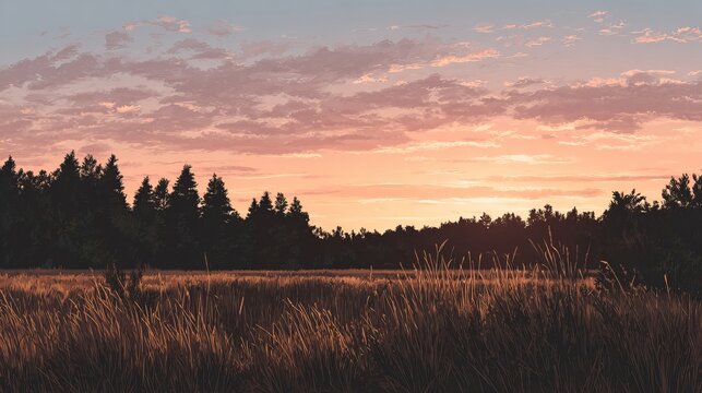 Peaceful sunset landscape with wild grass field and forest background, scenic nature view at golden hour
