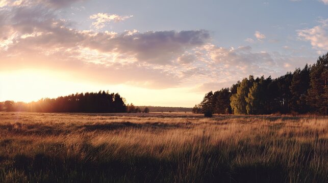 Peaceful sunset landscape with wild grass field and forest background, scenic nature view at golden hour