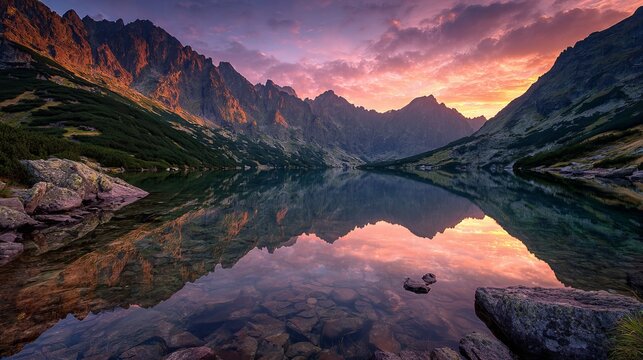Sunrise over a mountain lake in tatra national park, poland, with golden dawn light and scenic alpine landscape
