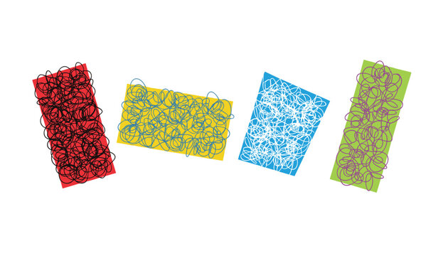 Abstract colorful rectangles in red, yellow, blue, and green covered with chaotic scribbled lines over a solid white background.