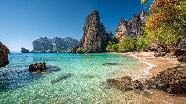 scenic panorama of ko hong island beach in krabi thailand with tropical sea and summer travel landscape

