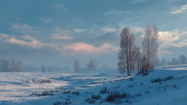 Snowy winter landscape with frosty trees and mountain scenery