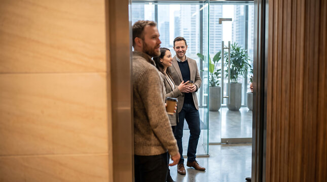 Professional colleagues collaborating and discussing new project ideas in a modern office environment by an elevator.