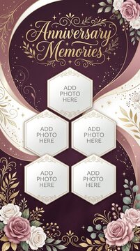 Anniversary memories vertical photo collage template with floral border