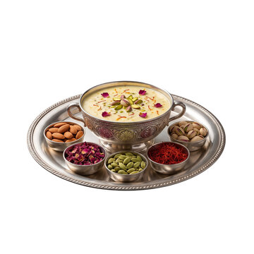 Luxury Indian Basundi Dessert Served in Silver Bowl with Saffron, Pistachio and Dry Fruits Isolated PNG