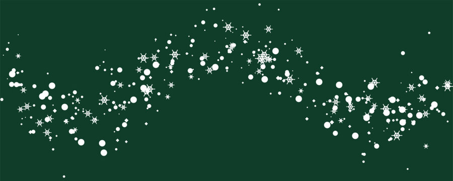 White snowflakes and dots swirling in a festive wave against a deep green background with white borders
