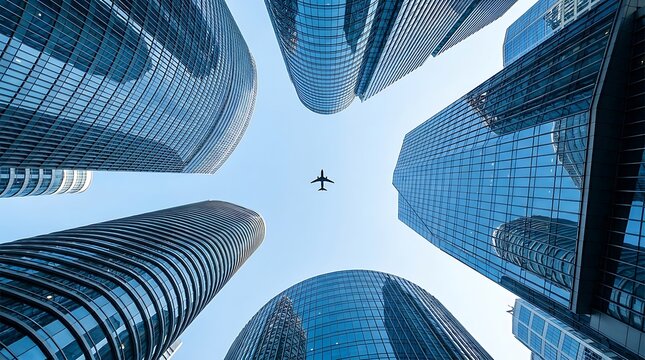 Low angle view of modern skyscrapers with a silhouette of an airplane flying in the sky