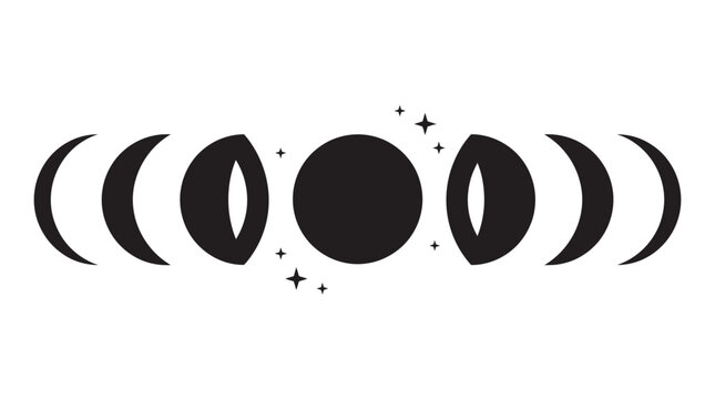 Minimalist moon phases illustration showing various lunar cycle stages in sleek black vector graphic line art