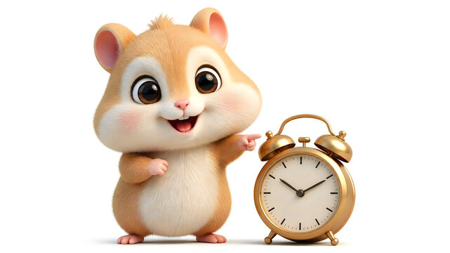 Cute cartoon hamster pointing at a golden alarm clock isolated on a transparent background