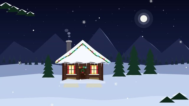 Cozy pixel art cabin in snowy winter forest loop animation landscape