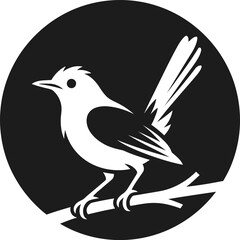 Fototapeta premium Stylized bird silhouette perched on a branch inside a black circular badge emblem isolated on white background vector illustration template