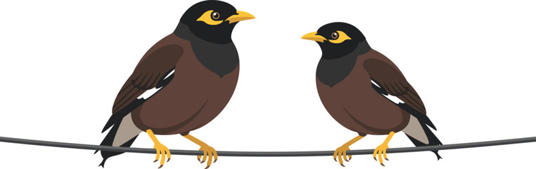 Fototapeta premium Two common myna birds sitting together on a thin wire line facing each other isolated on white background vector illustration design