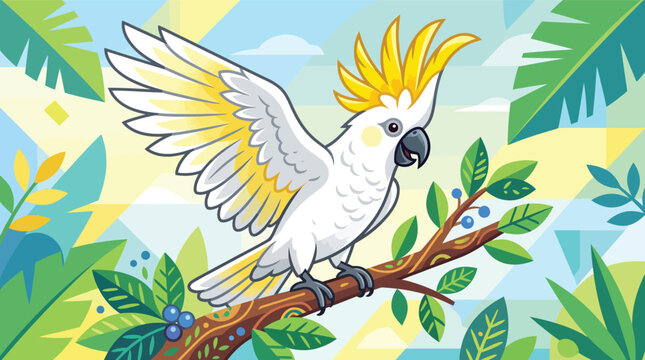 Sulphur-crested cockatoo parrot perched on a branch in a tropical jungle with geometric foliage background flat cartoon vector illustration