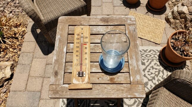 High angle shot of a wooden thermometer showing extreme heat above 100 degrees Fahrenheit on a weathered outdoor table with an empty glass during a peak summer heatwave in a garden patio.