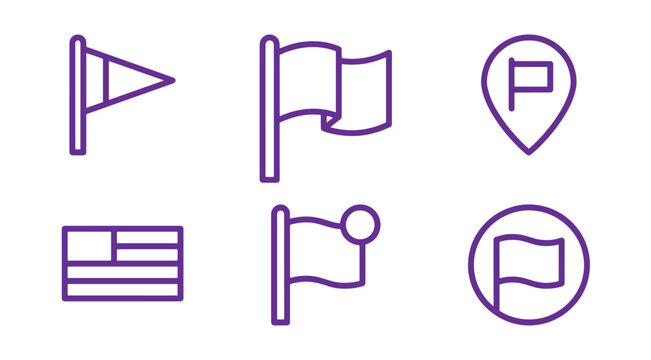 Six purple line depicting various flag styles, a location pin with a flag, and a rectangular striped flag on white background