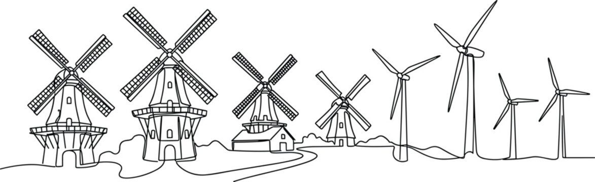 Evolution of wind power from traditional windmills to modern wind turbines in a continuous line drawing
