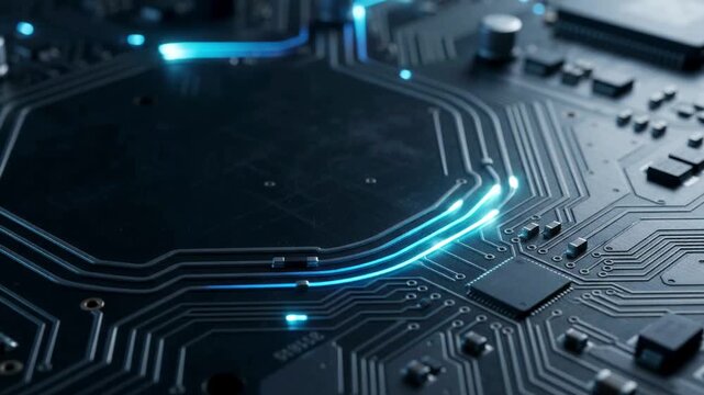 Motherboard tracks transmitting bright electric blue data signals across processors.