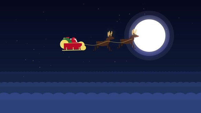 Pixel art Santa sleigh reindeer flying moon night animation