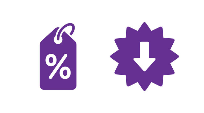Purple set featuring a retail price tag with a percentage symbol and a starburst shape with a downward pointing arrow symbol