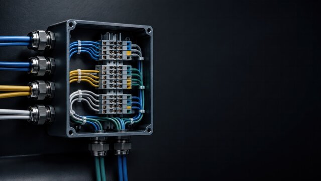 Industrial junction box with modular terminal block and color coded wiring on dark background mockup