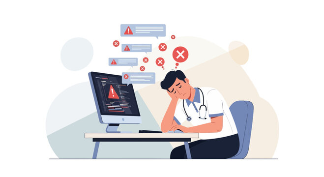 Overworked doctor sleeping at desk with computer errors
