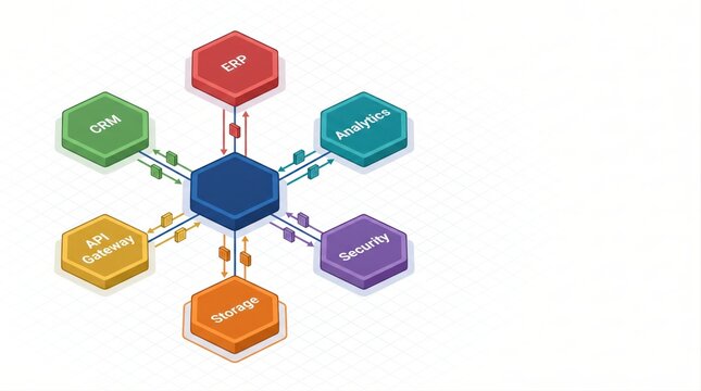 Isometric 3D diagram of modular enterprise system integration hub with API gateway ERP and CRM mockup