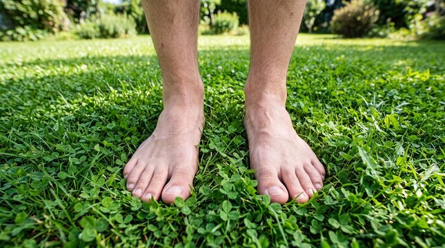 Bare feet standing on green grass, outdoor grounding concept, summer lawn