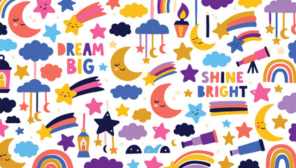 Obraz premium Cute Night Sky Seamless Pattern with Moons, Stars, Clouds and Rainbows, Vector Background
