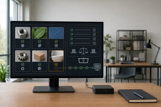 Monitor displaying edge AI computer vision data classification workflow on modern office desk mockup