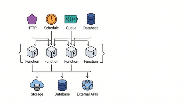 Serverless event driven architecture diagram routing triggers through functions to cloud services