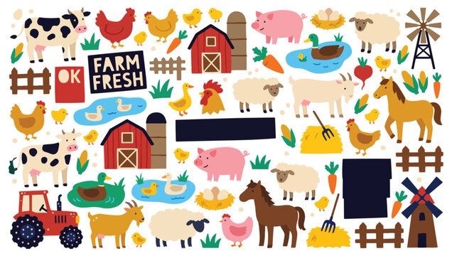 Farm Animals Clipart Set &ndash; Cute Barnyard Cows, Pigs, Chickens, Sheep, Horses & Ducks with Barn, Tractor and Windmill Vector