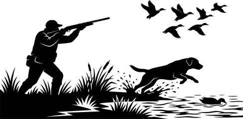 Duck hunting silhouette vector scene featuring hunter aiming rifle with retrieving gundog labrador © Md