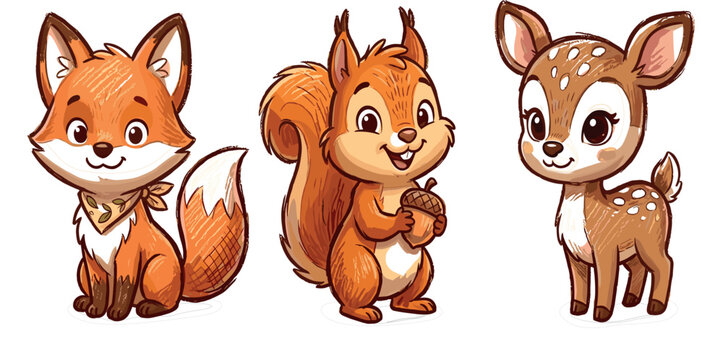 Cute woodland animal vector collection with baby fox squirrel holding acorn and spotted deer character