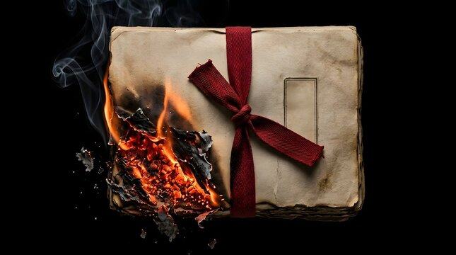 Heavy paper legal dossier bound tightly with authentic red cotton tape actively catching fire illustrating corporate scandal and breach of trust
