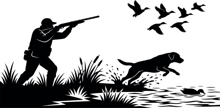 Duck hunting silhouette vector scene featuring hunter aiming rifle with retrieving gundog labrador