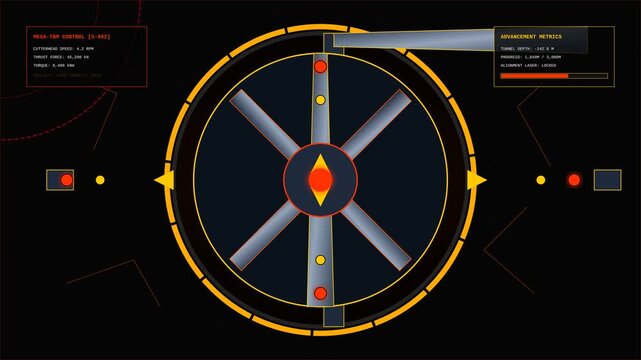 Futuristic Industrial Drilling Machine Interface Control Dashboard Animation with Circular Rotation