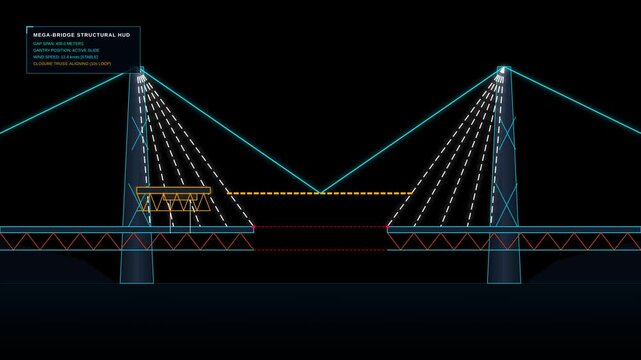 Minimalist Schematic Animation Showing The Construction Process Of A Large Suspension Bridge