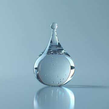 A close-up, macro shot of a perfectly formed water drop suspended in mid-air. Tiny air bubbles are trapped within the transparent liquid, reflecting light and creating a mesmerizing, dynamic visual