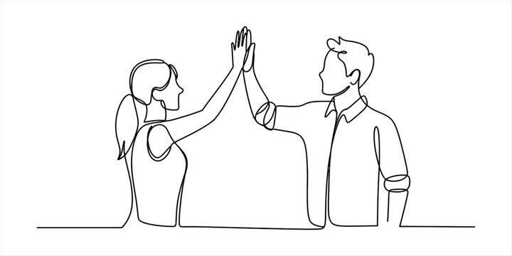 Happy man and woman giving a high five as a symbol of teamwork and success drawn in a continuous single line art style for business and casual concepts