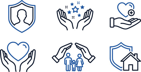 Fototapeta premium Family insurance and health care line icon set featuring life protection shields house coverage healthcare support and helping hands